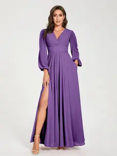 A-Line/Princess V-Neck Long Sleeves Floor-Length Bridesmaid Dresses with Pockets & Split Side — view 42