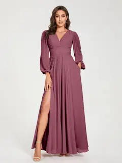 A-Line/Princess V-Neck Long Sleeves Floor-Length Bridesmaid Dresses with Pockets & Split Side — view 43