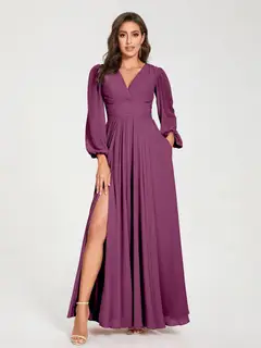 A-Line/Princess V-Neck Long Sleeves Floor-Length Bridesmaid Dresses with Pockets & Split Side — view 44