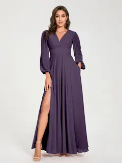 A-Line/Princess V-Neck Long Sleeves Floor-Length Bridesmaid Dresses with Pockets & Split Side — view 45