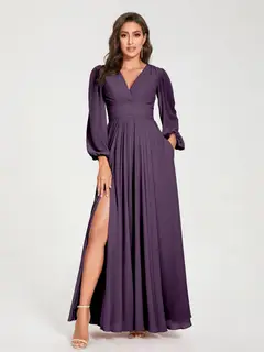 A-Line/Princess V-Neck Long Sleeves Floor-Length Bridesmaid Dresses with Pockets & Split Side — view 46