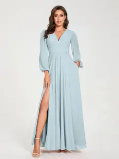A-Line/Princess V-Neck Long Sleeves Floor-Length Bridesmaid Dresses with Pockets & Split Side — view 47