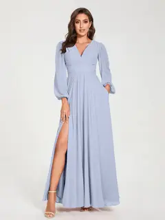 A-Line/Princess V-Neck Long Sleeves Floor-Length Bridesmaid Dresses with Pockets & Split Side — view 48