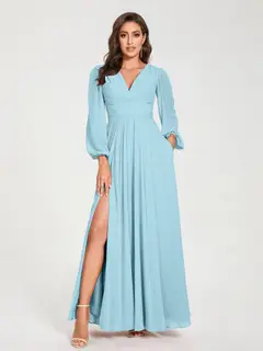 A-Line/Princess V-Neck Long Sleeves Floor-Length Bridesmaid Dresses with Pockets & Split Side — view 49
