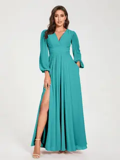 A-Line/Princess V-Neck Long Sleeves Floor-Length Bridesmaid Dresses with Pockets & Split Side — view 52