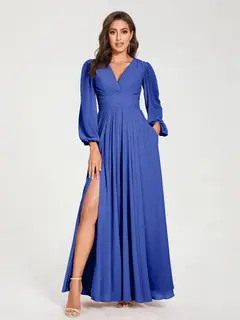 A-Line/Princess V-Neck Long Sleeves Floor-Length Bridesmaid Dresses with Pockets & Split Side — view 54