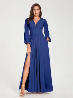 A-Line/Princess V-Neck Long Sleeves Floor-Length Bridesmaid Dresses with Pockets & Split Side — view 56
