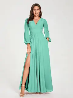A-Line/Princess V-Neck Long Sleeves Floor-Length Bridesmaid Dresses with Pockets & Split Side — view 62