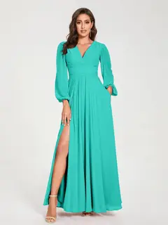 A-Line/Princess V-Neck Long Sleeves Floor-Length Bridesmaid Dresses with Pockets & Split Side — view 63