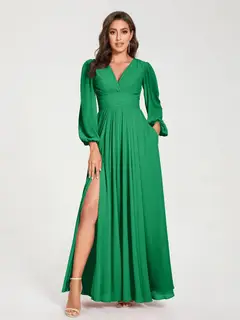 A-Line/Princess V-Neck Long Sleeves Floor-Length Bridesmaid Dresses with Pockets & Split Side — view 64