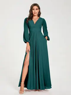 A-Line/Princess V-Neck Long Sleeves Floor-Length Bridesmaid Dresses with Pockets & Split Side — view 66