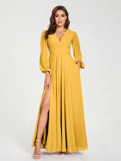 A-Line/Princess V-Neck Long Sleeves Floor-Length Bridesmaid Dresses with Pockets & Split Side — view 70