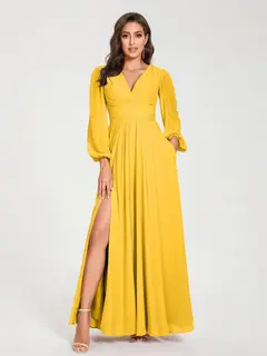 A-Line/Princess V-Neck Long Sleeves Floor-Length Bridesmaid Dresses with Pockets & Split Side — view 71