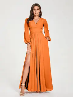 A-Line/Princess V-Neck Long Sleeves Floor-Length Bridesmaid Dresses with Pockets & Split Side — view 72