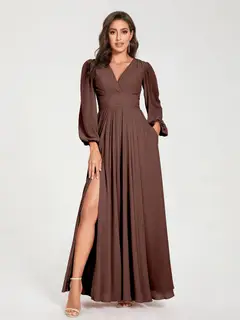 A-Line/Princess V-Neck Long Sleeves Floor-Length Bridesmaid Dresses with Pockets & Split Side — view 76