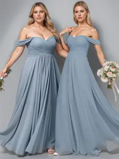 A-Line/Princess Elegant Off-the-shoulder Floor-Length Ruched Pleated Bridesmaid Dresses — view 1