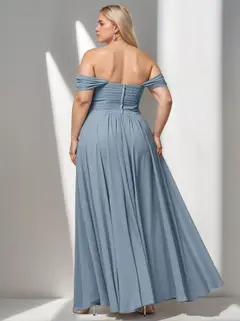 A-Line/Princess Elegant Off-the-shoulder Floor-Length Ruched Pleated Bridesmaid Dresses — view 3