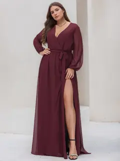 A-Line/Princess V-Neck Long Sleeves Floor-Length Plus Size Bridesmaid Dresses with Pleated — view 1