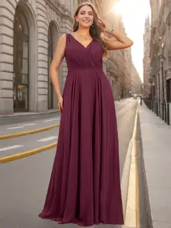 A-Line/Princess V-Neck Sleeveless Floor-Length Chiffon Unique Plus Size Bridesmaid Dresses with Ruffles — view 1