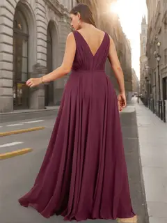 A-Line/Princess V-Neck Sleeveless Floor-Length Chiffon Unique Plus Size Bridesmaid Dresses with Ruffles — view 2