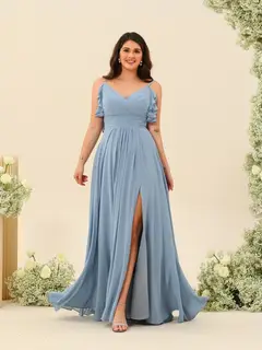A-Line/Princess Spaghetti Straps Plus Size Ruched Long Bridesmaid Dresses with Split Side — view 1