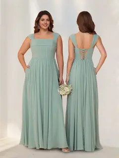 A-Line/Princess Square Neck Sleeveless Floor-Length Chiffon Bridesmaid Dresses with Pleats — view 2