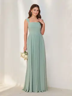A-Line/Princess Square Neck Sleeveless Floor-Length Chiffon Bridesmaid Dresses with Pleats — view 3