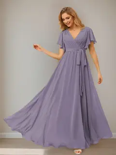 A-Line/Princess Chiffon V-Neck Short Sleeves Ankle-Length Bridesmaid Dresses — view 1