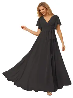 A-Line/Princess Chiffon V-Neck Short Sleeves Ankle-Length Bridesmaid Dresses — view 2