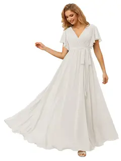 A-Line/Princess Chiffon V-Neck Short Sleeves Ankle-Length Bridesmaid Dresses — view 3