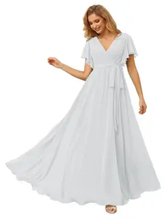 A-Line/Princess Chiffon V-Neck Short Sleeves Ankle-Length Bridesmaid Dresses — view 4