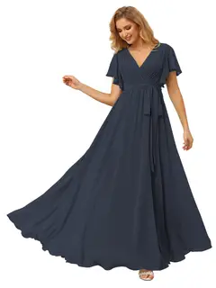 A-Line/Princess Chiffon V-Neck Short Sleeves Ankle-Length Bridesmaid Dresses — view 5