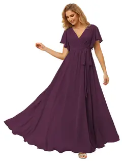 A-Line/Princess Chiffon V-Neck Short Sleeves Ankle-Length Bridesmaid Dresses — view 6