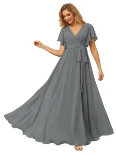 A-Line/Princess Chiffon V-Neck Short Sleeves Ankle-Length Bridesmaid Dresses — view 7