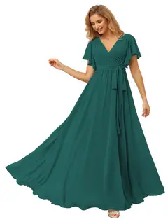 A-Line/Princess Chiffon V-Neck Short Sleeves Ankle-Length Bridesmaid Dresses — view 9