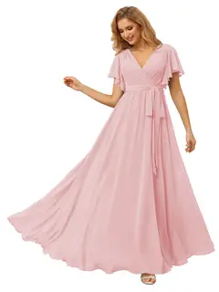A-Line/Princess Chiffon V-Neck Short Sleeves Ankle-Length Bridesmaid Dresses — view 10