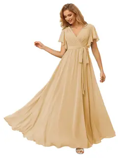 A-Line/Princess Chiffon V-Neck Short Sleeves Ankle-Length Bridesmaid Dresses — view 13