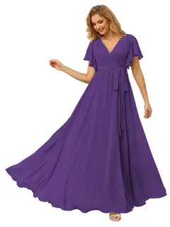 A-Line/Princess Chiffon V-Neck Short Sleeves Ankle-Length Bridesmaid Dresses — view 14
