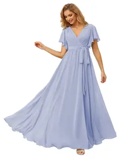 A-Line/Princess Chiffon V-Neck Short Sleeves Ankle-Length Bridesmaid Dresses — view 15