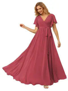 A-Line/Princess Chiffon V-Neck Short Sleeves Ankle-Length Bridesmaid Dresses — view 16