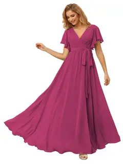A-Line/Princess Chiffon V-Neck Short Sleeves Ankle-Length Bridesmaid Dresses — view 18