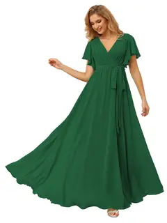 A-Line/Princess Chiffon V-Neck Short Sleeves Ankle-Length Bridesmaid Dresses — view 20