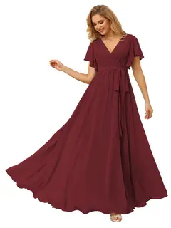 A-Line/Princess Chiffon V-Neck Short Sleeves Ankle-Length Bridesmaid Dresses — view 21