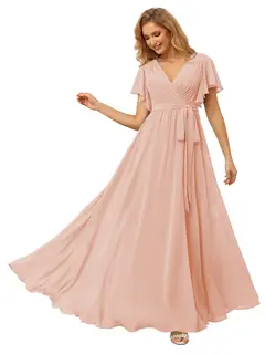 A-Line/Princess Chiffon V-Neck Short Sleeves Ankle-Length Bridesmaid Dresses — view 22