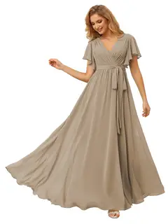 A-Line/Princess Chiffon V-Neck Short Sleeves Ankle-Length Bridesmaid Dresses — view 23