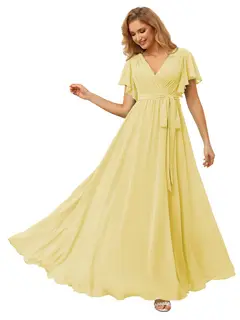 A-Line/Princess Chiffon V-Neck Short Sleeves Ankle-Length Bridesmaid Dresses — view 24