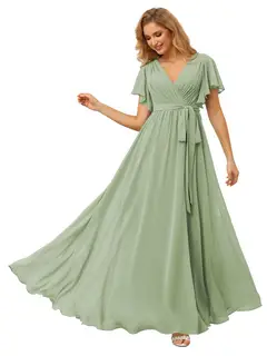 A-Line/Princess Chiffon V-Neck Short Sleeves Ankle-Length Bridesmaid Dresses — view 25