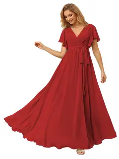 A-Line/Princess Chiffon V-Neck Short Sleeves Ankle-Length Bridesmaid Dresses — view 26
