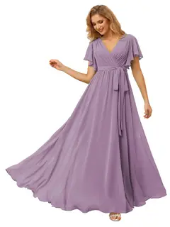 A-Line/Princess Chiffon V-Neck Short Sleeves Ankle-Length Bridesmaid Dresses — view 27