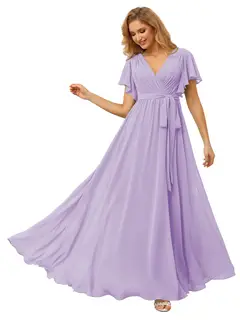 A-Line/Princess Chiffon V-Neck Short Sleeves Ankle-Length Bridesmaid Dresses — view 28